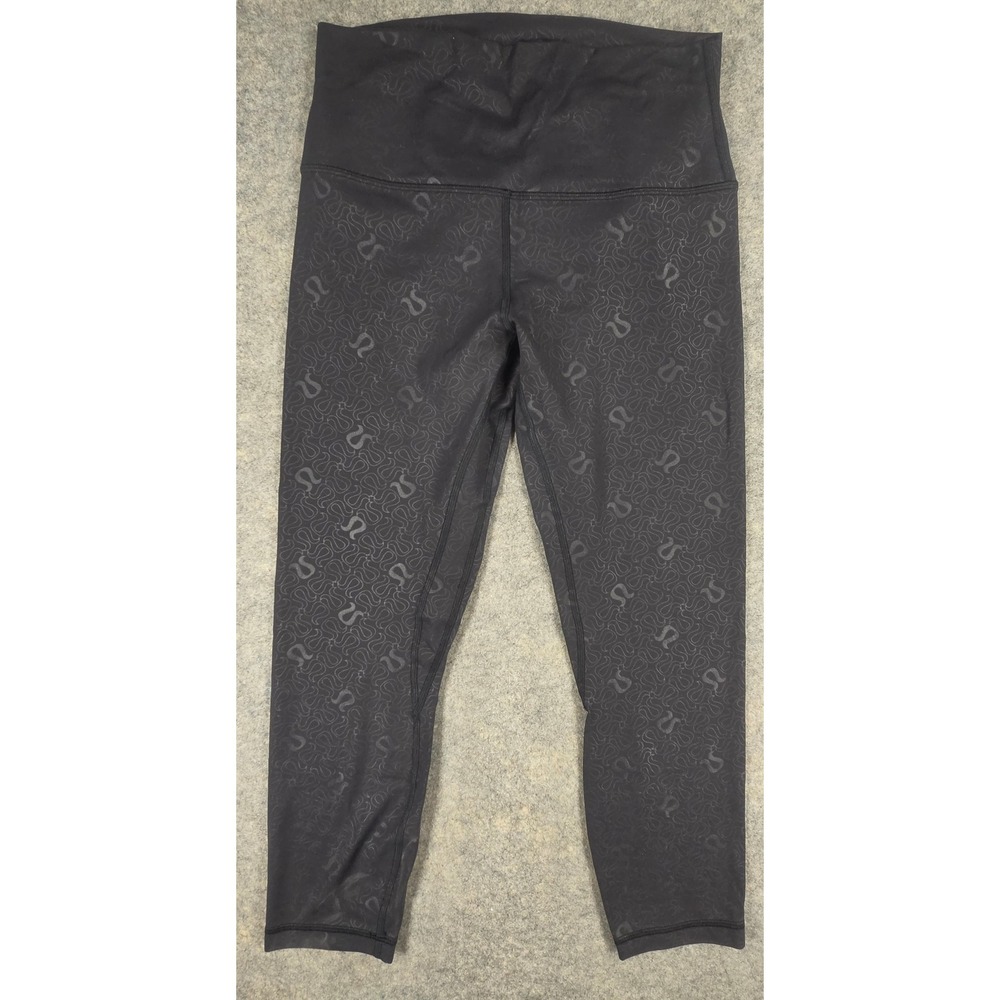 Lululemon High Rise Logo Embossed Crop Leggings Black Size 8 All Over Print AOP
